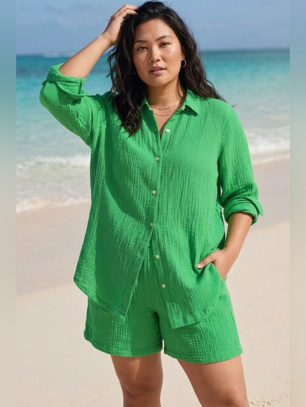 J. Jill Green Crinkle Cotton Gauze Shorts/Top Set, size XL/XLP